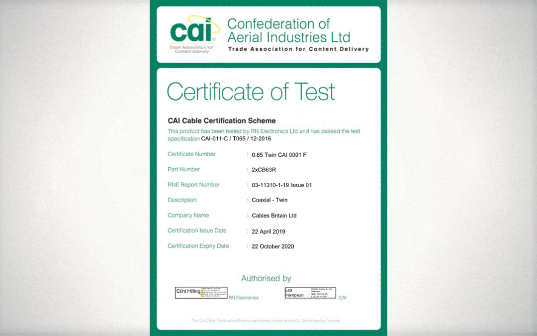 CAI re-certification for our Twin Digital Satellite Coaxial Cable!